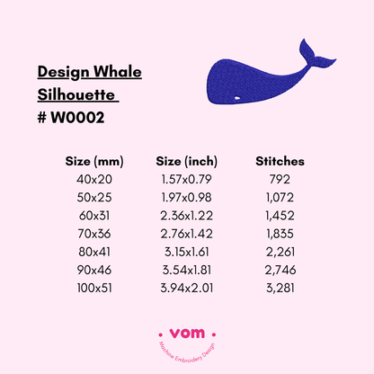 Diseño de bordado de silueta de ballena: animal marino minimalista en 7 tamaños