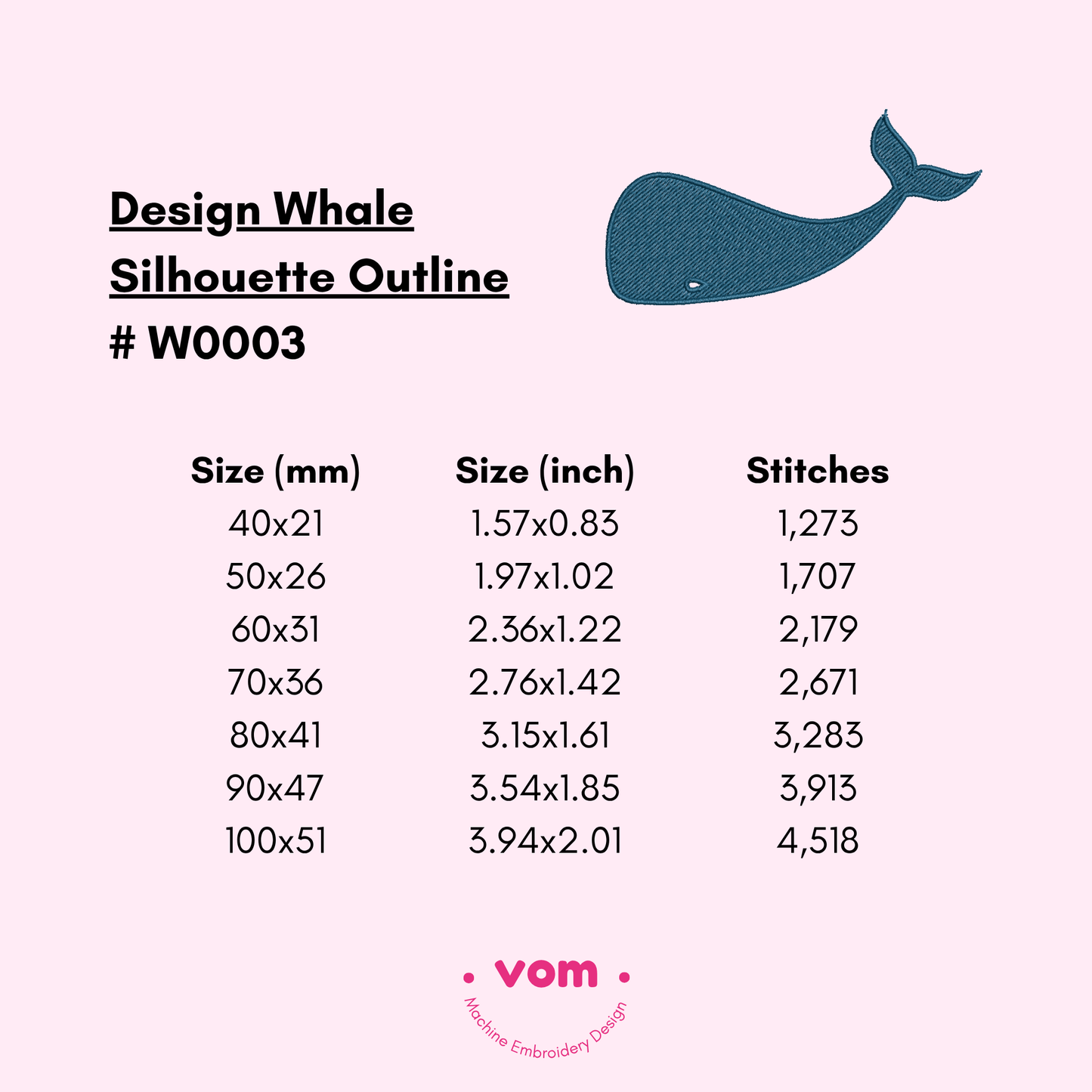 Diseño de bordado de silueta de ballena: animal marino minimalista en 7 tamaños