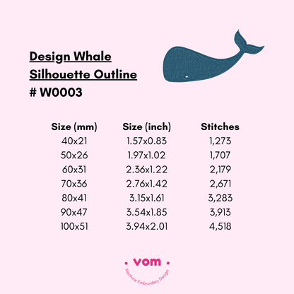 Diseño de bordado de silueta de ballena: animal marino minimalista en 7 tamaños