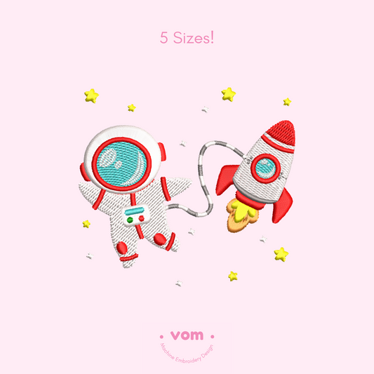 Cute astronaut and rocket embroidery design for baby items, with stars and playful space theme.