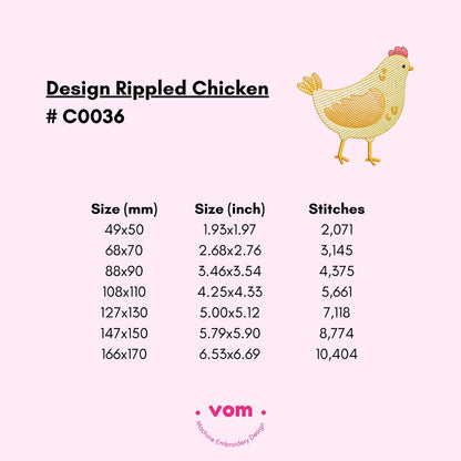 Rippled Chicken Embroidery Design – Cute Farm Animal Pattern - Digital File for Machine Embroidery - 7 Sizes