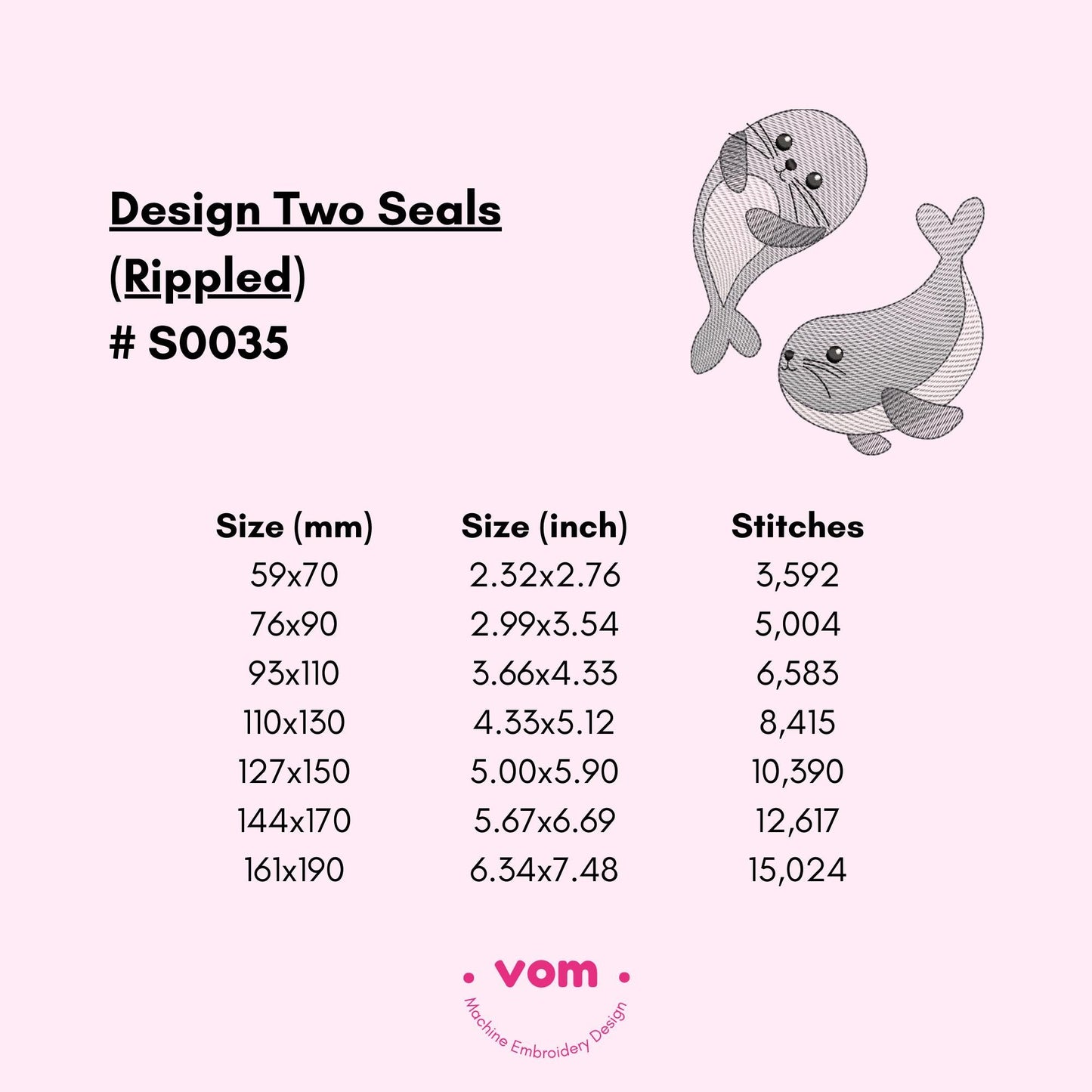 Cute Rippled Seal Duo Embroidery Design - Baby Animal Pattern for Machine Embroidery - 7 Sizes