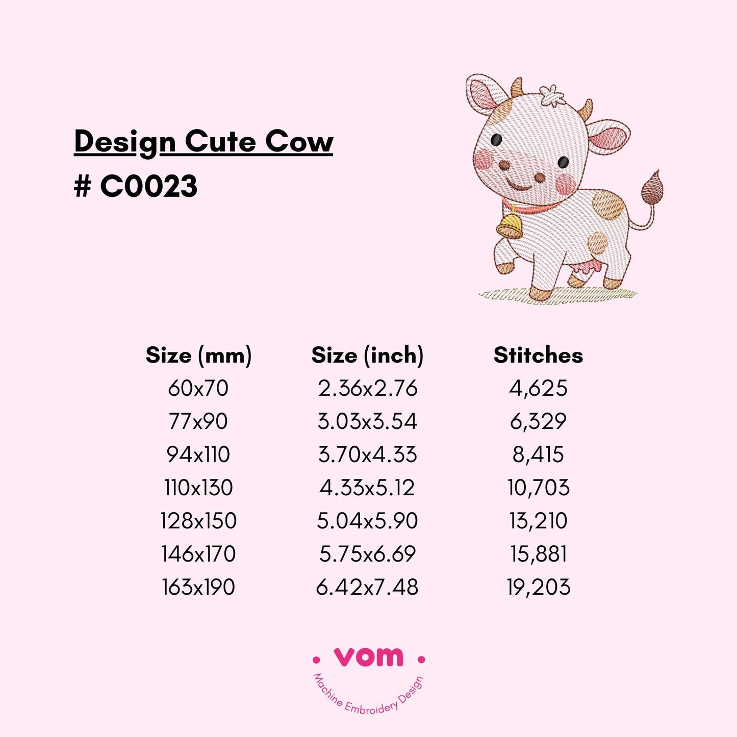Adorable Cow Embroidery Design - Cute Farm Animal - Rippled Stitch Pattern for Baby Clothing and Nursery Decor - 7 Sizes