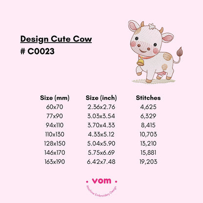 Adorable Cow Embroidery Design - Cute Farm Animal - Rippled Stitch Pattern for Baby Clothing and Nursery Decor - 7 Sizes