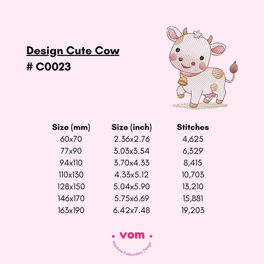 Adorable Cow Embroidery Design - Cute Farm Animal - Rippled Stitch Pattern for Baby Clothing and Nursery Decor - 7 Sizes