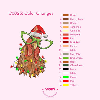 Christmas Chicken Embroidery Design - Santa Hat and Festive Lights Pattern - Digital File for Machine Embroidery - 7 Sizes