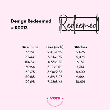 Redeemed Embroidery Design -  Inspirational Quote with Frame - Digital File for Machine Embroidery - 7 Sizes