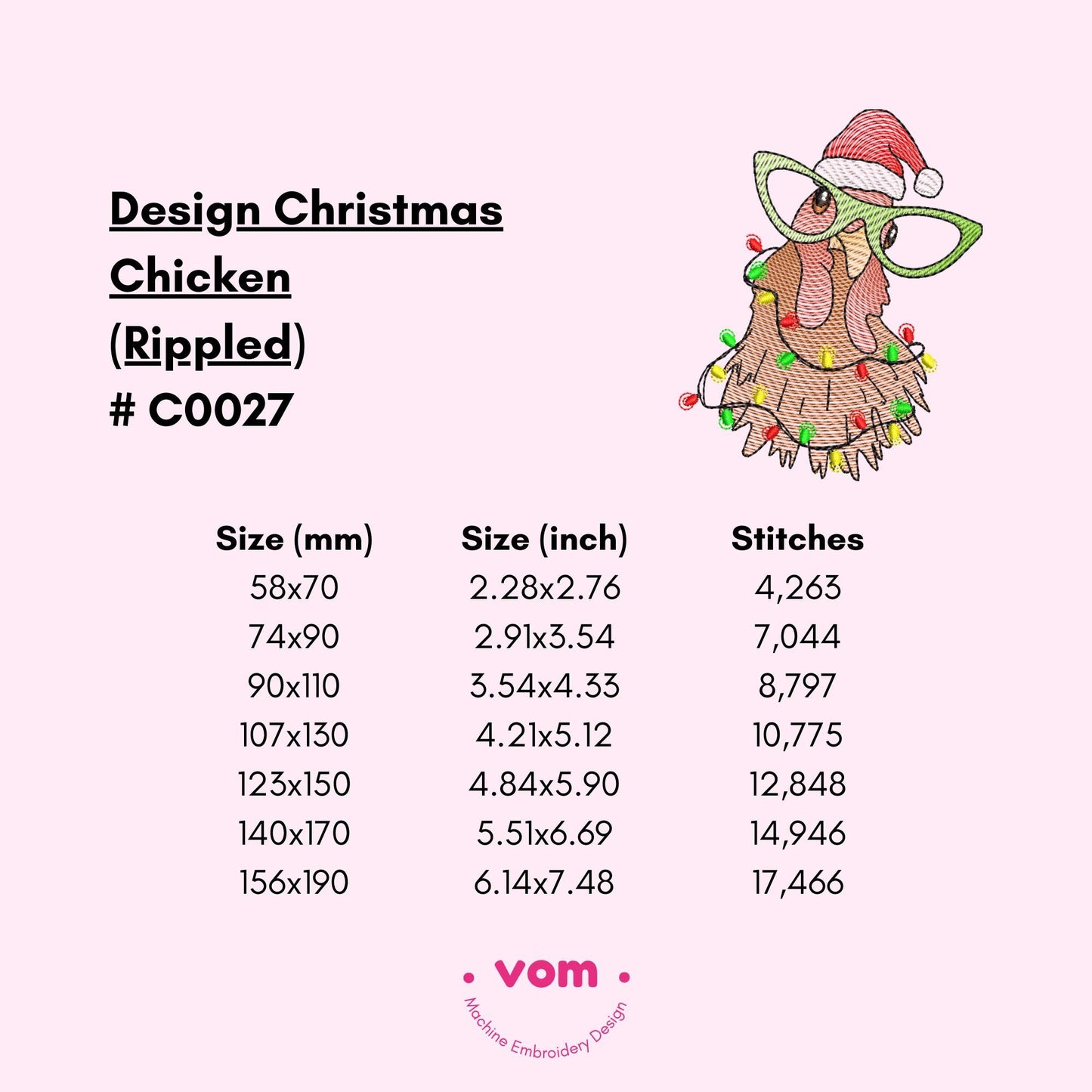 Rippled - Christmas Chicken Embroidery Design - Santa Hat and Festive Lights Pattern - Digital File for Machine Embroidery - 7 Sizes