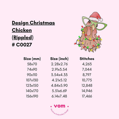 Rippled - Christmas Chicken Embroidery Design - Santa Hat and Festive Lights Pattern - Digital File for Machine Embroidery - 7 Sizes