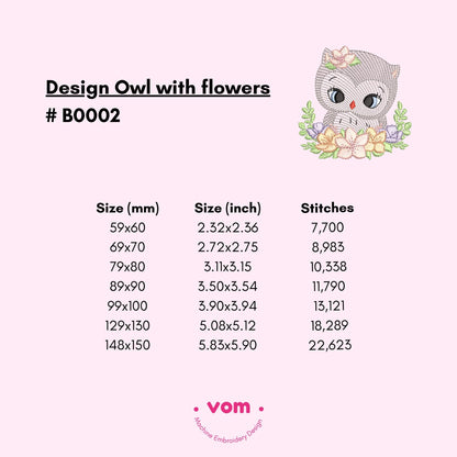 Owl with Flowers - Rippled - Machine Embroidery Design - 7 sizes!