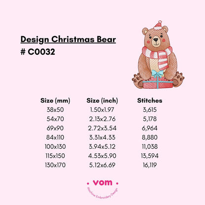 Rippled Christmas Bear Embroidery Design - Festive Bear with Scarf and Gift Box - Digital File for Machine Embroidery - 7 Sizes